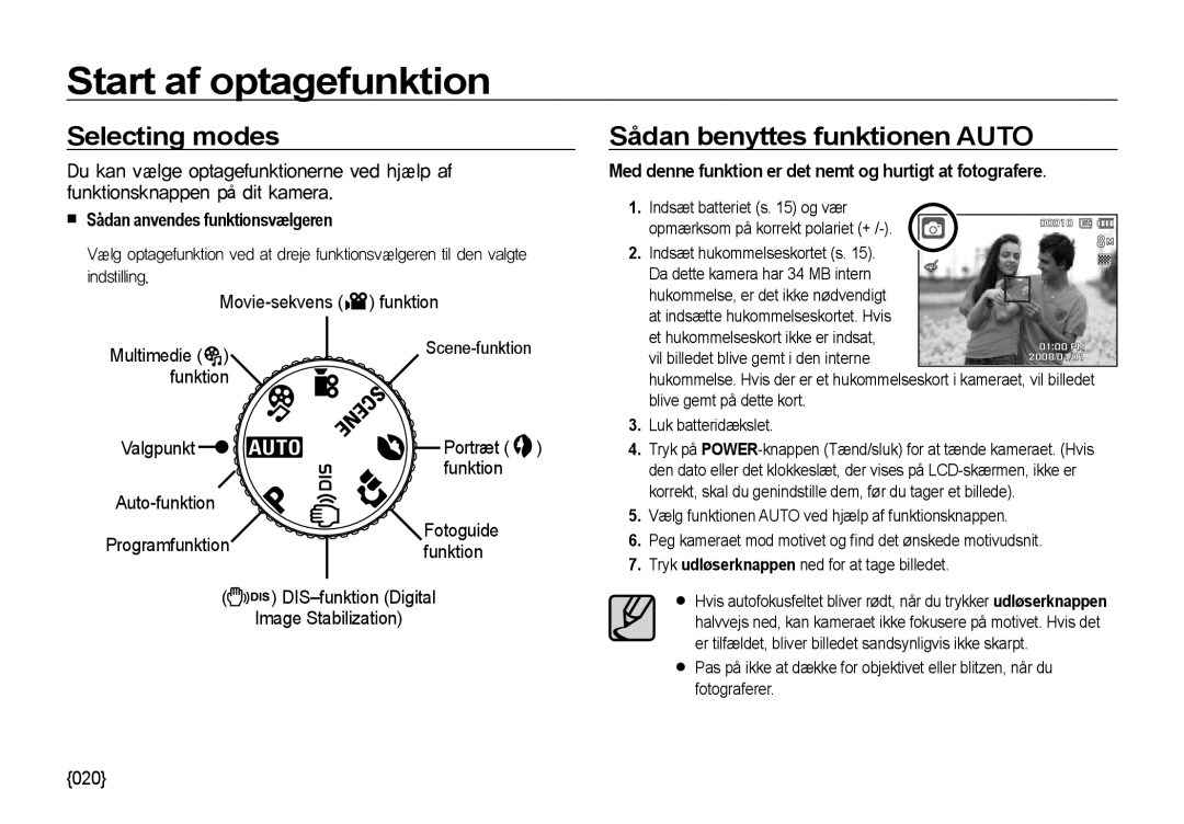 Samsung EC-NV4ZZPBA/E3, EC-NV4ZZSBA/E3 manual Start af optagefunktion, Selecting modes, Sådan benyttes funktionen Auto 