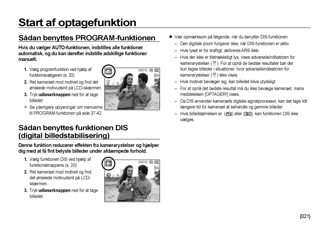 Samsung EC-NV4ZZTBB/E3 manual Sådan benyttes PROGRAM-funktionen, Sådan benyttes funktionen DIS digital billedstabilisering 