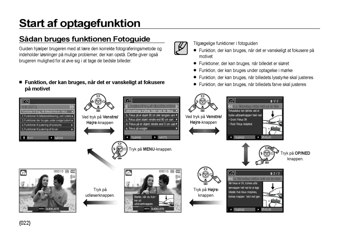 Samsung EC-NV4ZZBBA/E3, EC-NV4ZZSBA/E3 manual Sådan bruges funktionen Fotoguide, Tryk på MENU-knappen Tryk på OP/NED knappen 