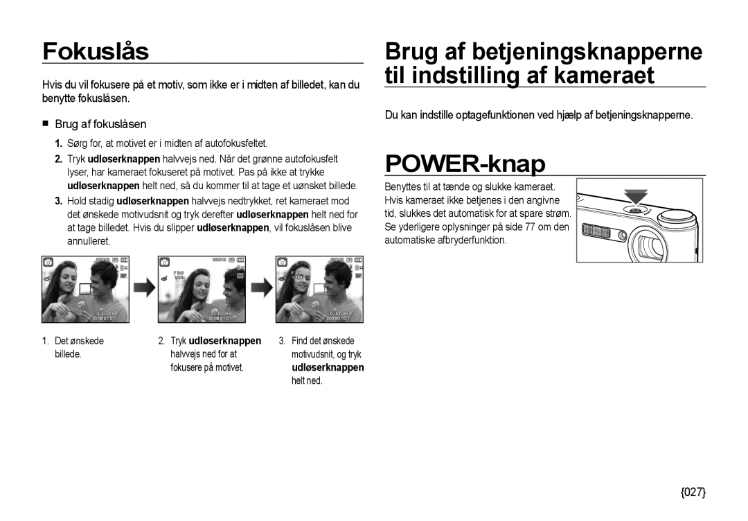 Samsung EC-NV4ZZBBA/E3, EC-NV4ZZSBA/E3 manual Fokuslås, POWER-knap, Sørg for, at motivet er i midten af autofokusfeltet 