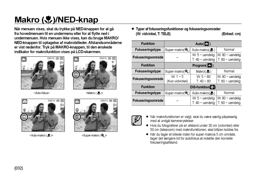 Samsung EC-NV4ZZBBA/E3, EC-NV4ZZSBA/E3 Makro /NED-knap, Funktion Auto Fokuseringstype Super-makro Auto-makro, ~ uendelig 