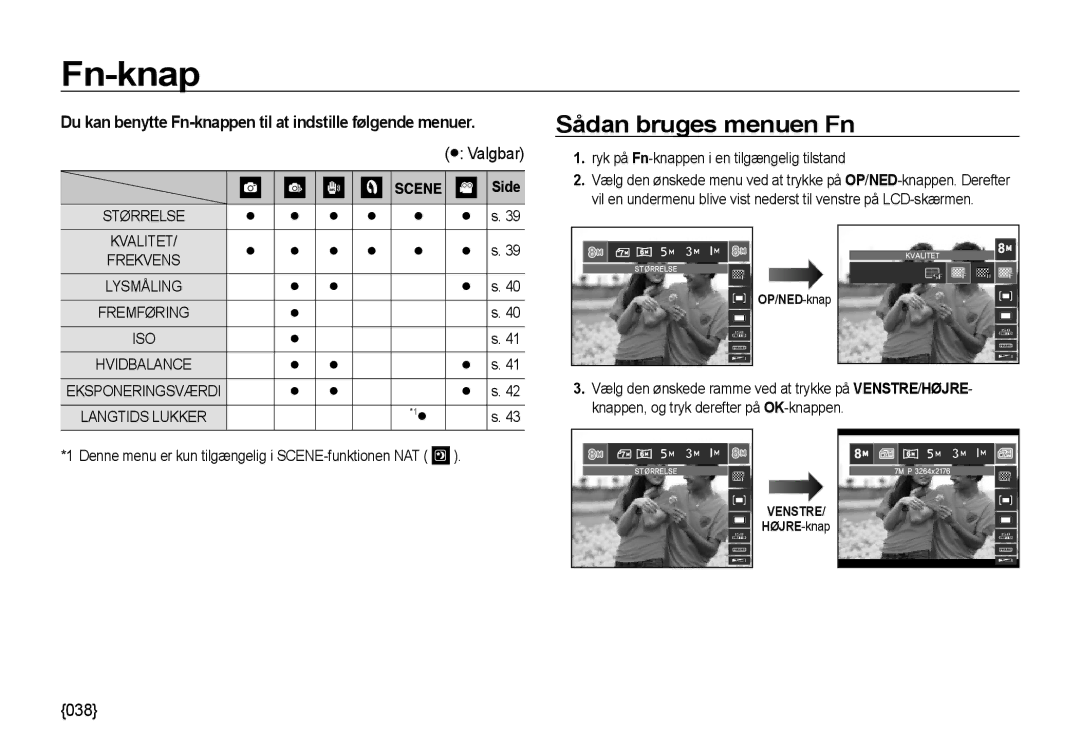 Samsung EC-NV4ZZBBA/E2, EC-NV4ZZSBA/E3, EC-NV4ZZPBA/E3, EC-NV4ZZTBB/E3 manual Fn-knap, Sådan bruges menuen Fn, Side, Størrelse 