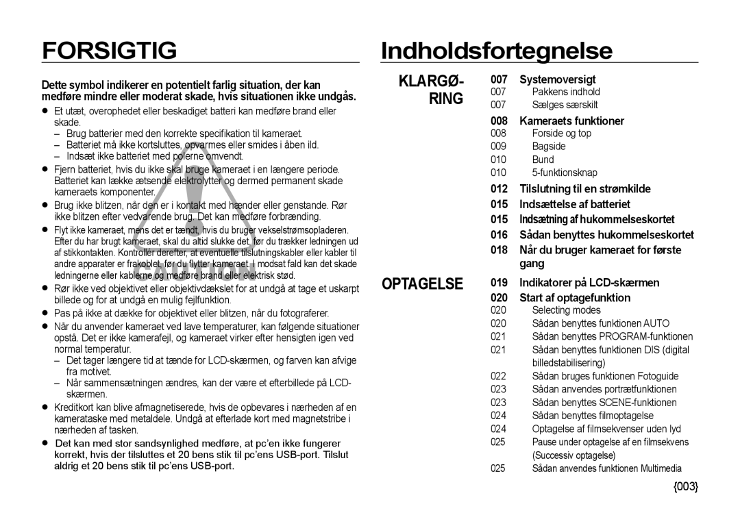 Samsung EC-NV4ZZBBA/E2, EC-NV4ZZSBA/E3, EC-NV4ZZPBA/E3 manual Indholdsfortegnelse, Systemoversigt, Kameraets funktioner 