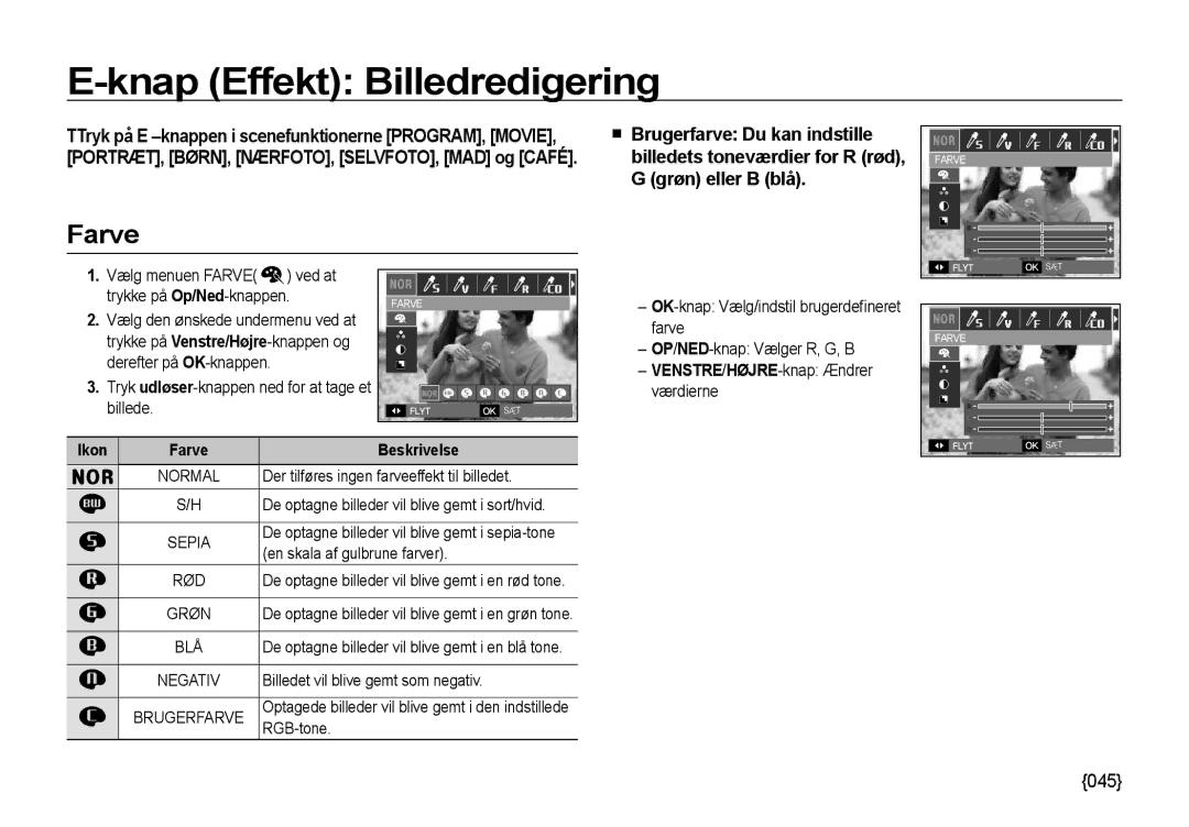 Samsung EC-NV4ZZPBA/E3 manual Knap Effekt Billedredigering, VENSTRE/HØJRE-knap Ændrer værdierne, Ikon Farve Beskrivelse 