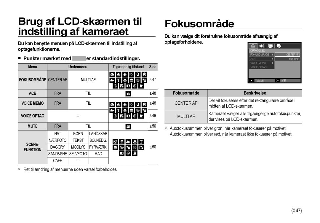 Samsung EC-NV4ZZBBA/E3 Brug af LCD-skærmen til indstilling af kameraet, Menu Undermenu, Multi AF, Til, FRA TIL NAT Børn 