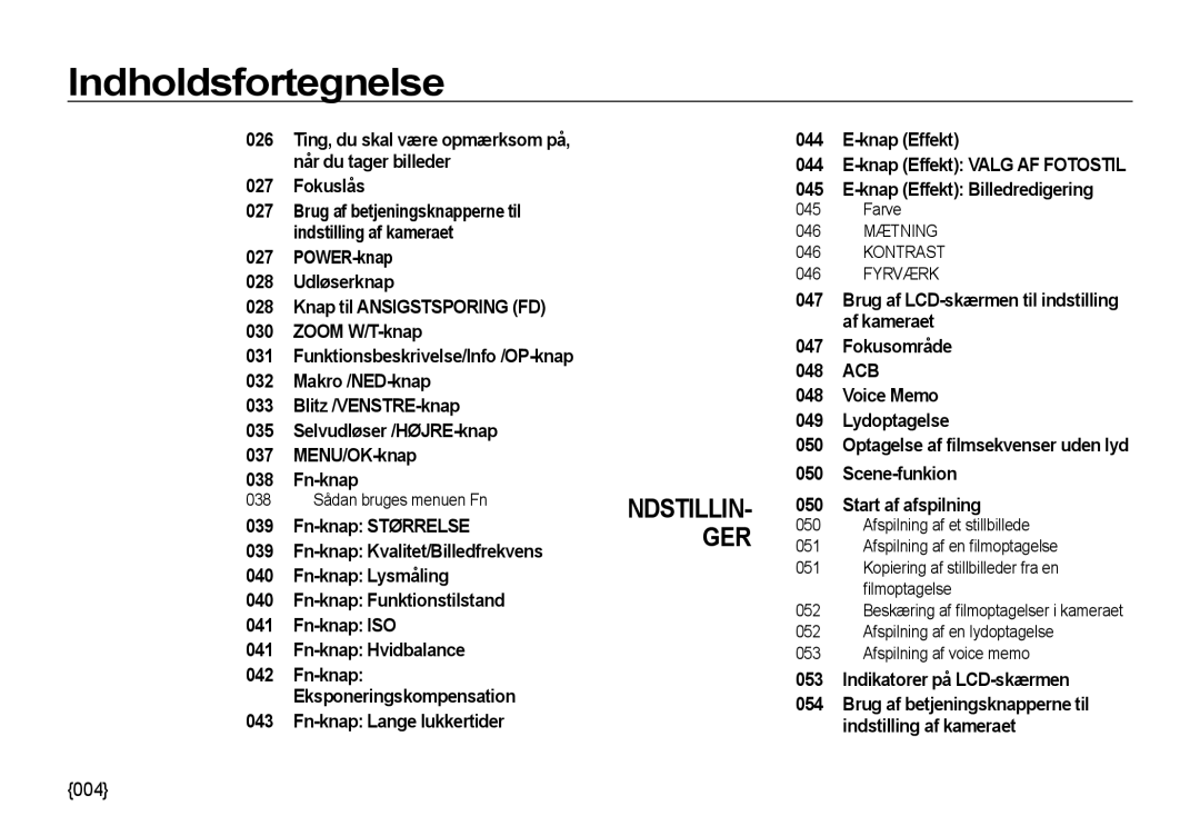 Samsung EC-NV4ZZSBA/E3, EC-NV4ZZPBA/E3 manual Fokuslås, Fn-knap Lange lukkertider, Scene-funkion Start af afspilning 