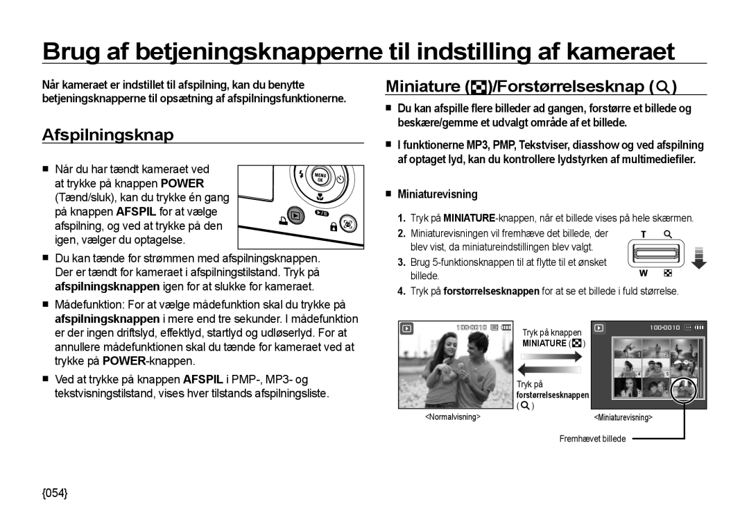 Samsung EC-NV4ZZSBA/E3 manual Brug af betjeningsknapperne til indstilling af kameraet, Afspilningsknap, Miniaturevisning 