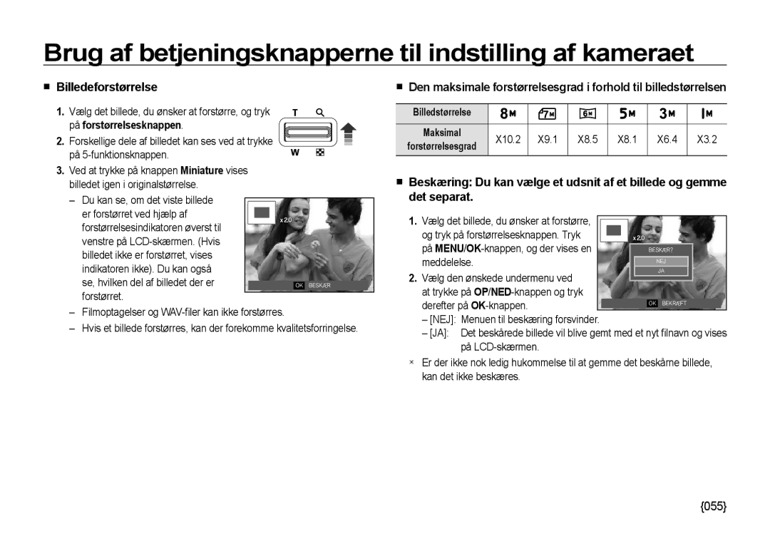 Samsung EC-NV4ZZPBA/E3, EC-NV4ZZSBA/E3 Billedeforstørrelse, Billedstørrelse, X10.2 X9.1 X8.5 X8.1 X6.4 X3.2, Meddelelse 