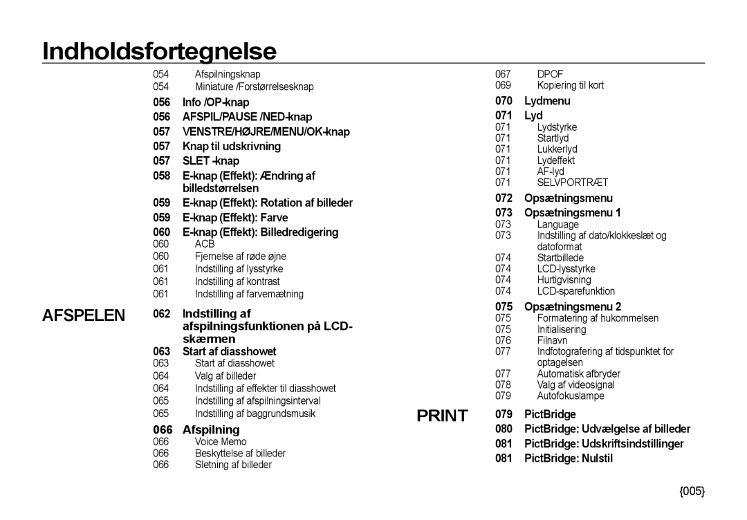 Samsung EC-NV4ZZPBA/E3 manual Info /OP-knap AFSPIL/PAUSE /NED-knap 057, Knap Effekt Farve 060, Indstilling af, Afspilning 