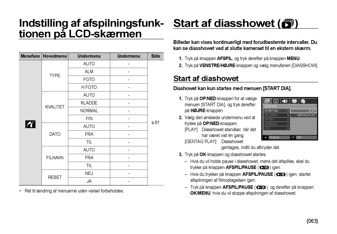 Samsung EC-NV4ZZBBA/E2 manual Start af diashowet, Diashowet kan kun startes med menuen Start DIA, På HØJRE-knappen 