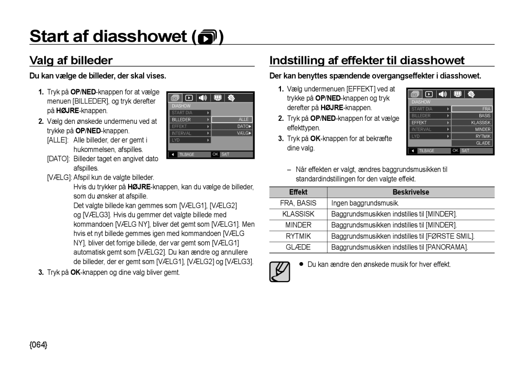 Samsung EC-NV4ZZSBA/E3 Start af diasshowet, Valg af billeder, Indstilling af effekter til diasshowet, Effekt Beskrivelse 