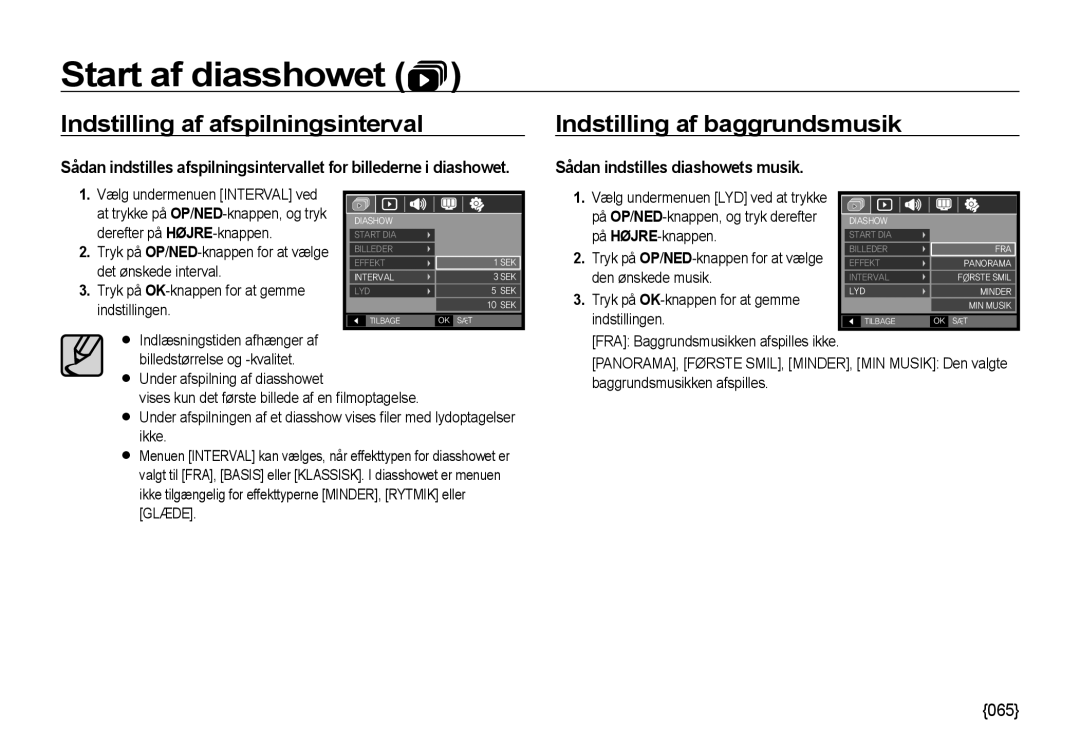 Samsung EC-NV4ZZPBA/E3, EC-NV4ZZSBA/E3, EC-NV4ZZTBB/E3 Indstilling af afspilningsinterval, Indstilling af baggrundsmusik 