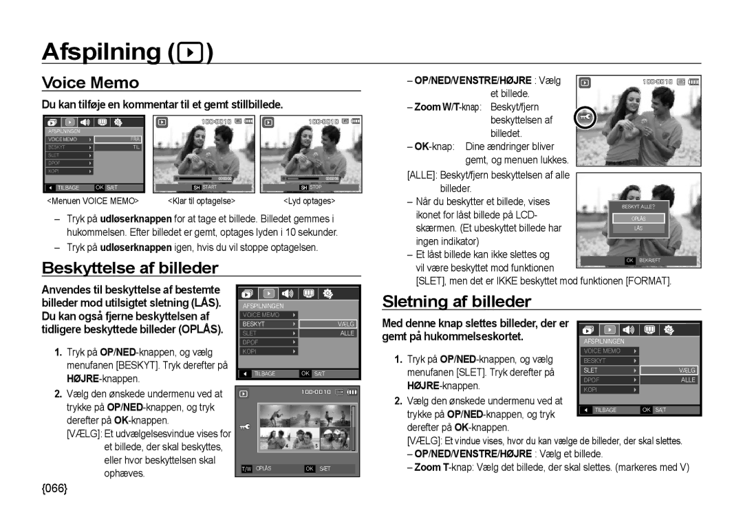 Samsung EC-NV4ZZTBB/E3, EC-NV4ZZSBA/E3 manual Afspilning, Voice Memo, Beskyttelse af billeder, Sletning af billeder 