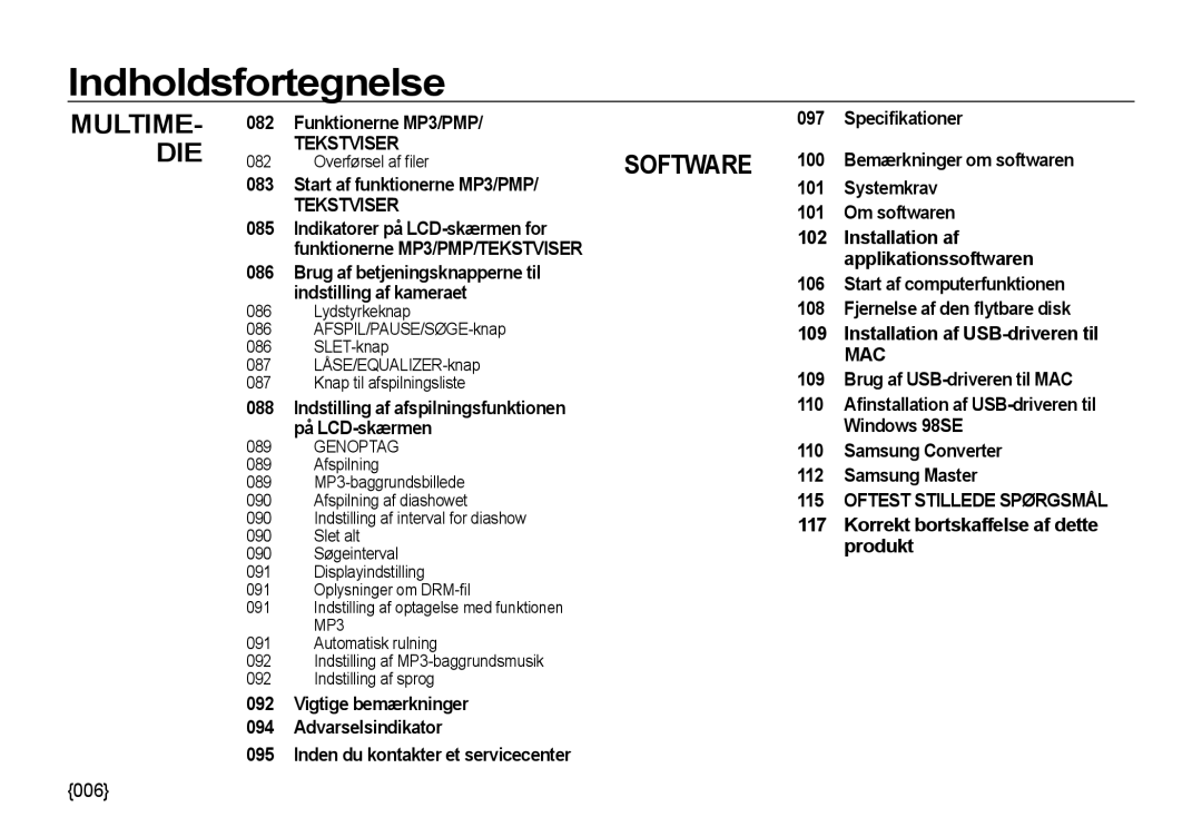 Samsung EC-NV4ZZTBB/E3 Funktionerne MP3/PMP 097 Speciﬁkationer, 100, Start af funktionerne MP3/PMP 101 Systemkrav, 108 