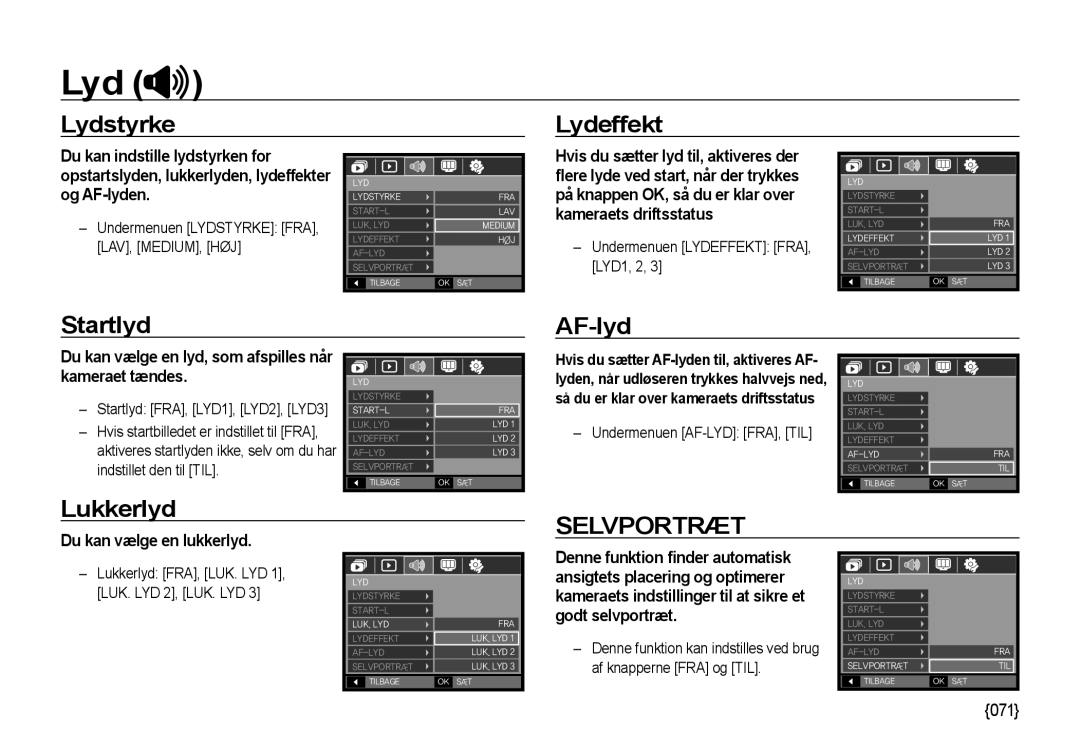 Samsung EC-NV4ZZTBB/E3, EC-NV4ZZSBA/E3 manual Lydstyrke Lydeffekt, Startlyd AF-lyd, Lukkerlyd, Du kan vælge en lukkerlyd 