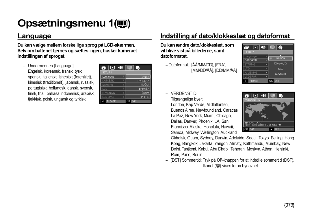 Samsung EC-NV4ZZBBA/E2, EC-NV4ZZSBA/E3, EC-NV4ZZPBA/E3 Language Indstilling af dato/klokkeslæt og datoformat, Verdenstid 