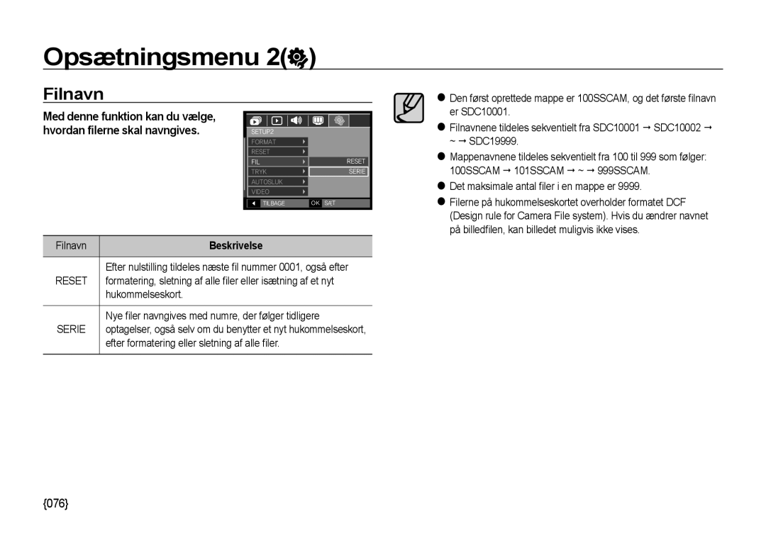 Samsung EC-NV4ZZTBB/E3, EC-NV4ZZSBA/E3, EC-NV4ZZPBA/E3, EC-NV4ZZBBA/E3, EC-NV4ZZBBA/E2 manual Filnavn, Reset, Serie 