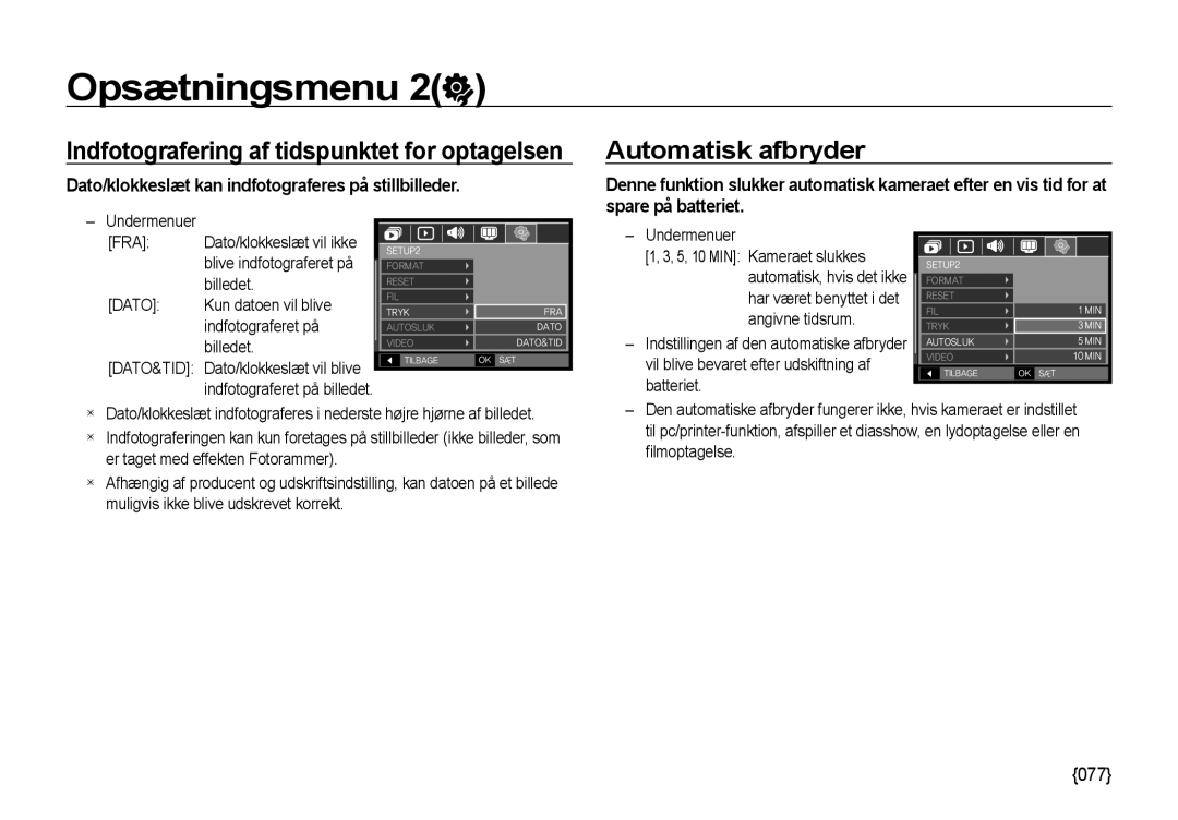 Samsung EC-NV4ZZBBA/E3, EC-NV4ZZSBA/E3 manual Automatisk afbryder, Dato/klokkeslæt kan indfotograferes på stillbilleder 