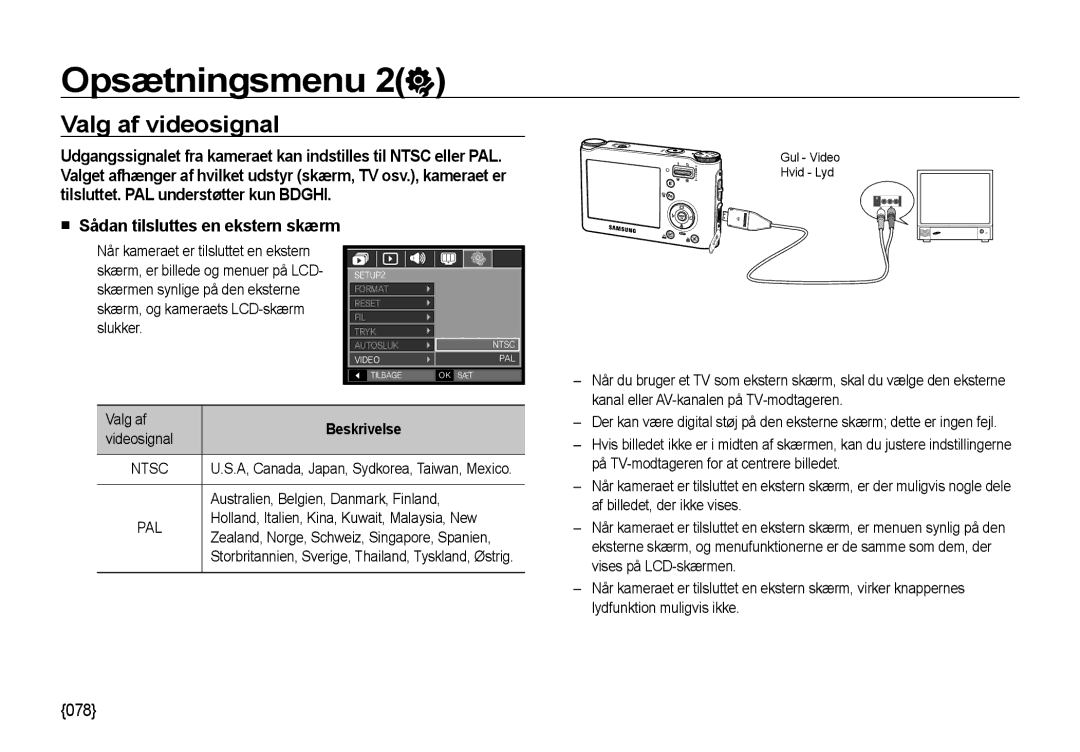 Samsung EC-NV4ZZBBA/E2, EC-NV4ZZSBA/E3, EC-NV4ZZPBA/E3 manual Valg af videosignal, Sådan tilsluttes en ekstern skærm 