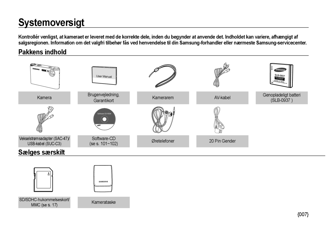 Samsung EC-NV4ZZBBA/E3, EC-NV4ZZSBA/E3, EC-NV4ZZPBA/E3 manual Systemoversigt, Pakkens indhold, Sælges særskilt, Kamerataske 