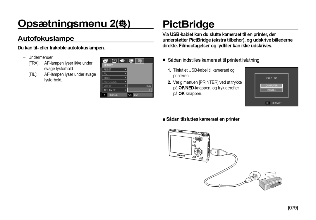 Samsung EC-NV4ZZSBA/E3, EC-NV4ZZPBA/E3 manual PictBridge, Autofokuslampe, Du kan til- eller frakoble autofokuslampen 