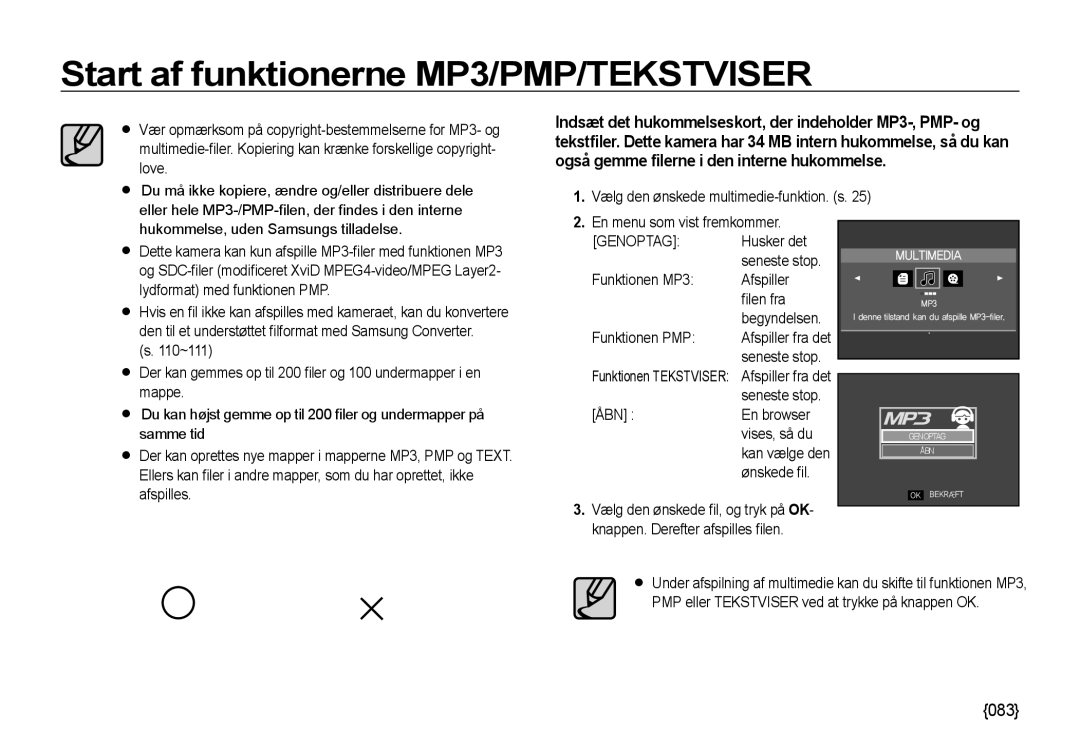 Samsung EC-NV4ZZBBA/E2 manual Start af funktionerne MP3/PMP/TEKSTVISER, Husker det, ÅBN En browser Vises, så du, Ønskede ﬁl 