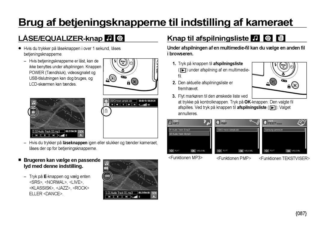 Samsung EC-NV4ZZBBA/E3, EC-NV4ZZSBA/E3 manual LÅSE/EQUALIZER-knap, Knap til afspilningsliste, Funktionen Tekstviser 