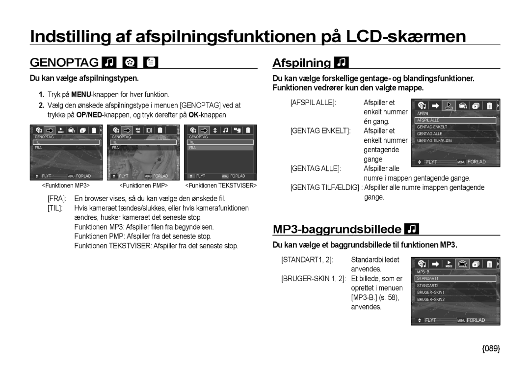 Samsung EC-NV4ZZSBA/E3, EC-NV4ZZPBA/E3, EC-NV4ZZTBB/E3 manual Afspilning, MP3-baggrundsbillede, Du kan vælge afspilningstypen 