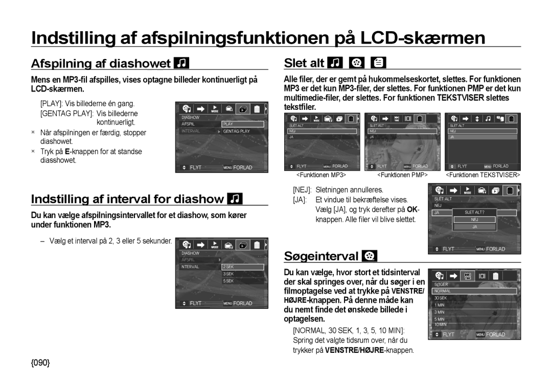 Samsung EC-NV4ZZPBA/E3 Afspilning af diashowet, Slet alt, Indstilling af interval for diashow, Søgeinterval, Tekstﬁler 