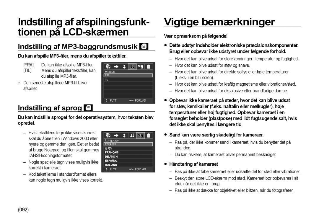 Samsung EC-NV4ZZBBA/E3, EC-NV4ZZSBA/E3 manual Vigtige bemærkninger, Indstilling af MP3-baggrundsmusik, Indstilling af sprog 