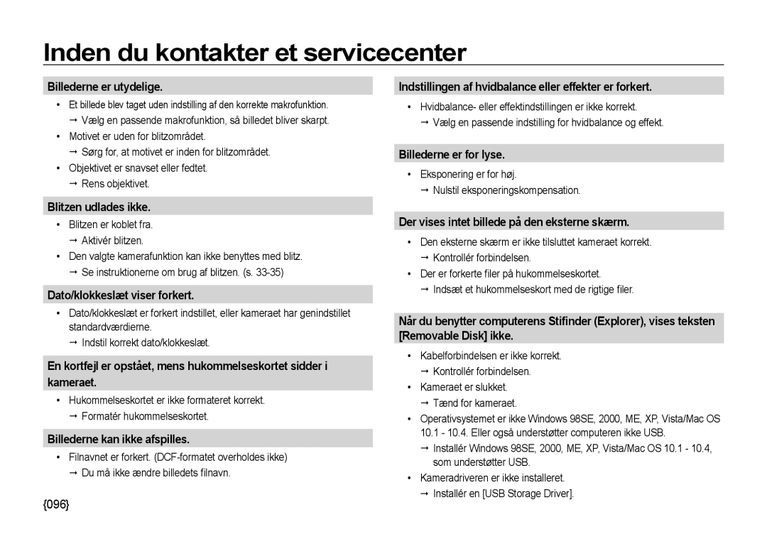 Samsung EC-NV4ZZTBB/E3 manual Billederne er utydelige, Blitzen udlades ikke, Dato/klokkeslæt viser forkert, Kameraet 