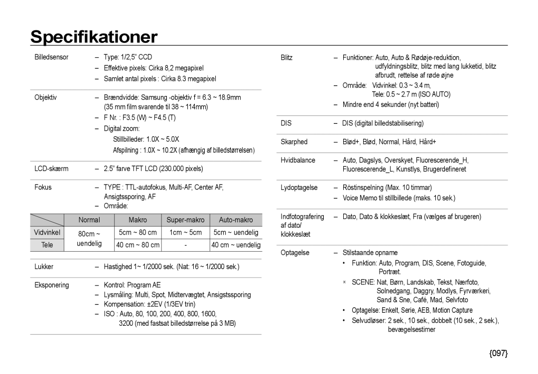 Samsung EC-NV4ZZBBA/E3, EC-NV4ZZSBA/E3, EC-NV4ZZPBA/E3, EC-NV4ZZTBB/E3, EC-NV4ZZBBA/E2 manual Speciﬁkationer 