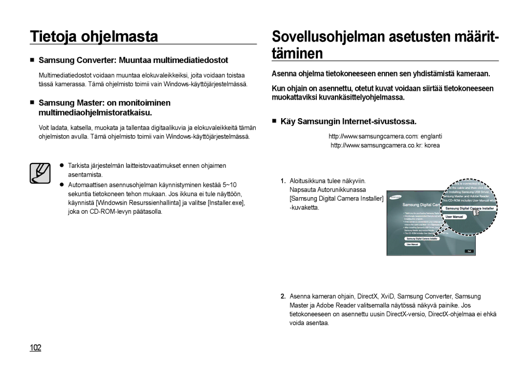 Samsung EC-NV4ZZBBA/E3 manual Sovellusohjelman asetusten määrit- täminen, Samsung Converter Muuntaa multimediatiedostot 