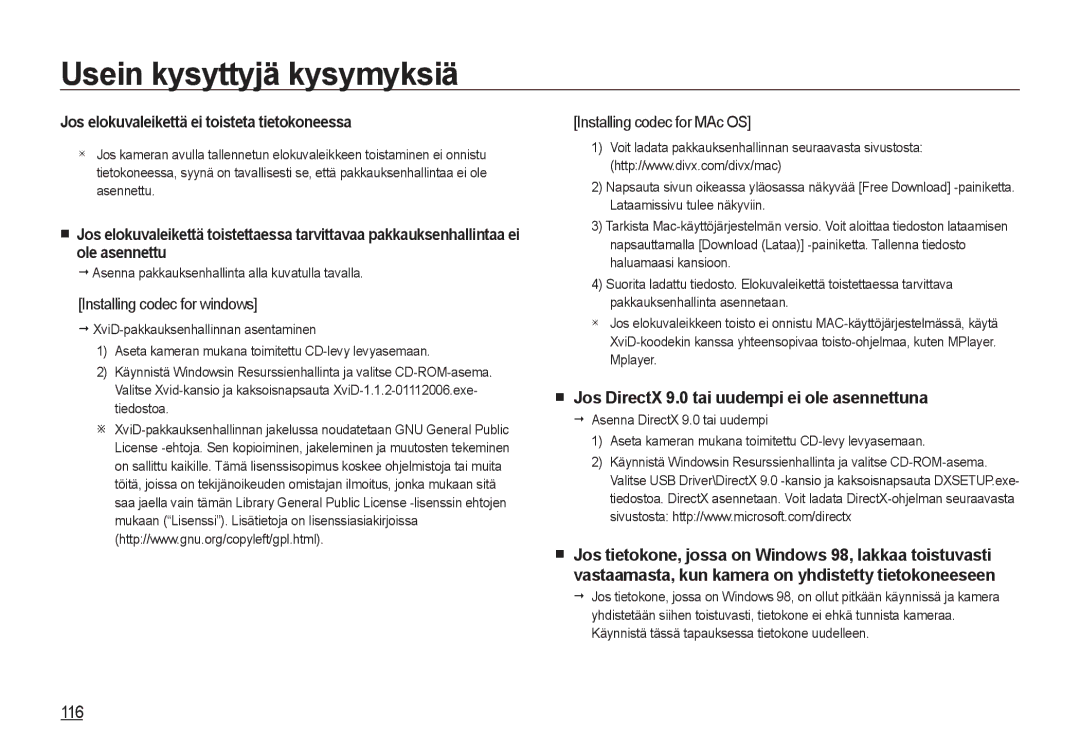 Samsung EC-NV4ZZTBB/E3 Jos DirectX 9.0 tai uudempi ei ole asennettuna, 0116, Jos elokuvaleikettä ei toisteta tietokoneessa 