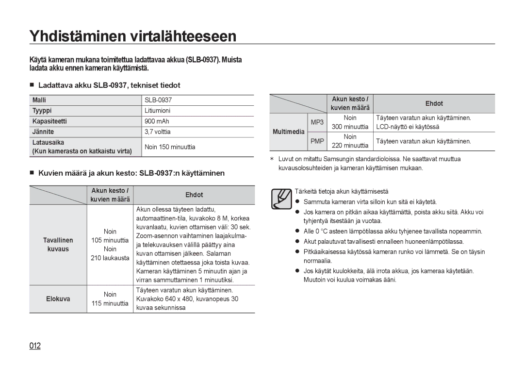 Samsung EC-NV4ZZBBA/E3, EC-NV4ZZSBA/E3 manual Yhdistäminen virtalähteeseen, Ladattava akku SLB-0937, tekniset tiedot, Ehdot 