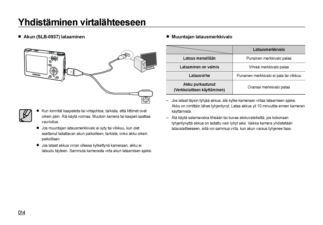 Samsung EC-NV4ZZSBA/E3, EC-NV4ZZPBA/E3 manual Akun SLB-0937 lataaminen, Muuntajan latausmerkkivalo, Latausmerkkivalo 