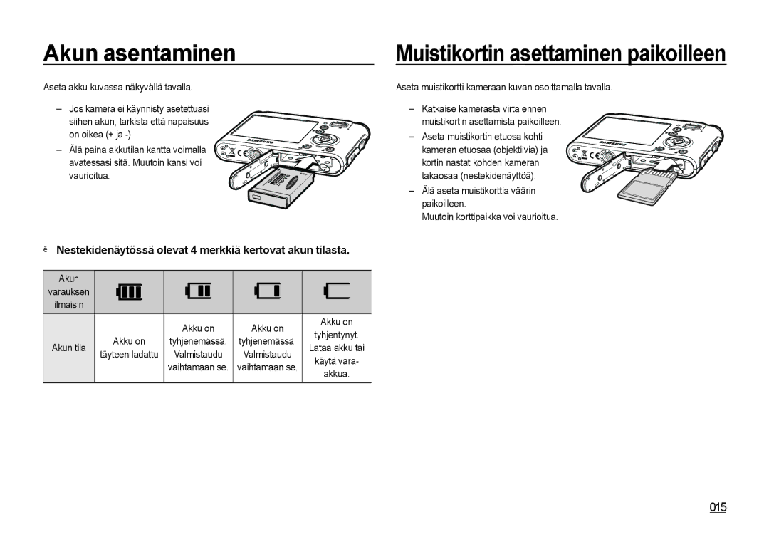 Samsung EC-NV4ZZPBA/E3, EC-NV4ZZSBA/E3 manual Akun asentaminen, Nestekidenäytössä olevat 4 merkkiä kertovat akun tilasta 