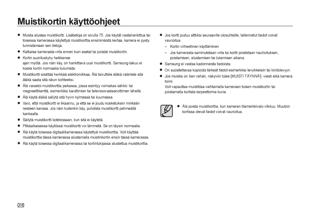 Samsung EC-NV4ZZTBB/E3, EC-NV4ZZSBA/E3, EC-NV4ZZPBA/E3 Muistikortin käyttöohjeet, Samsung ei vastaa kadonneista tiedoista 