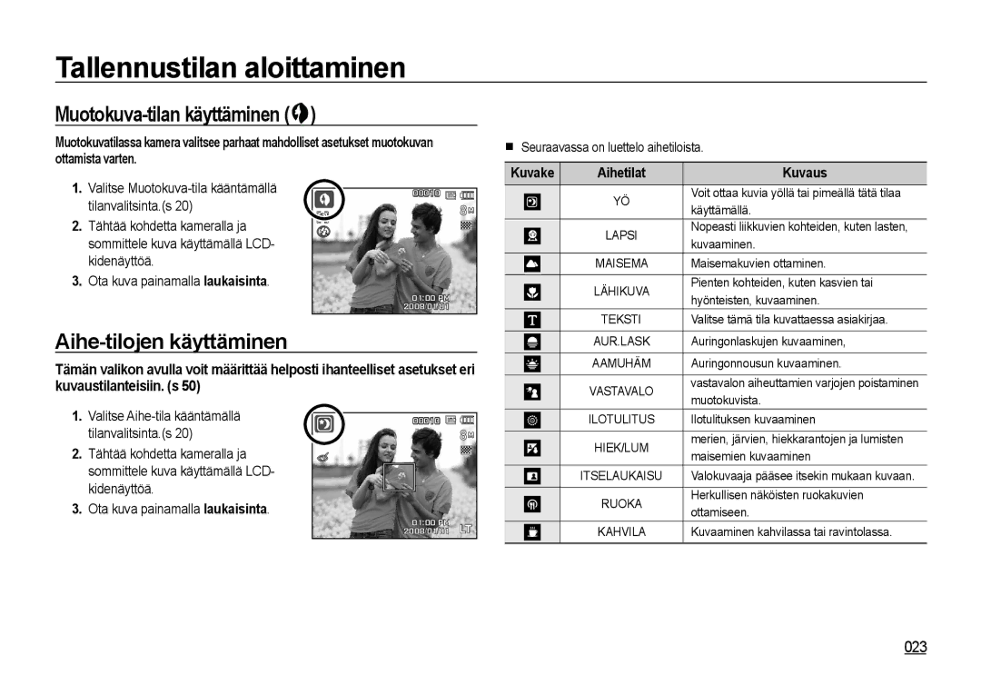 Samsung EC-NV4ZZBBA/E2, EC-NV4ZZSBA/E3, EC-NV4ZZPBA/E3 manual Muotokuva-tilan käyttäminen, Aihe-tilojen käyttäminen, Kuvaus 