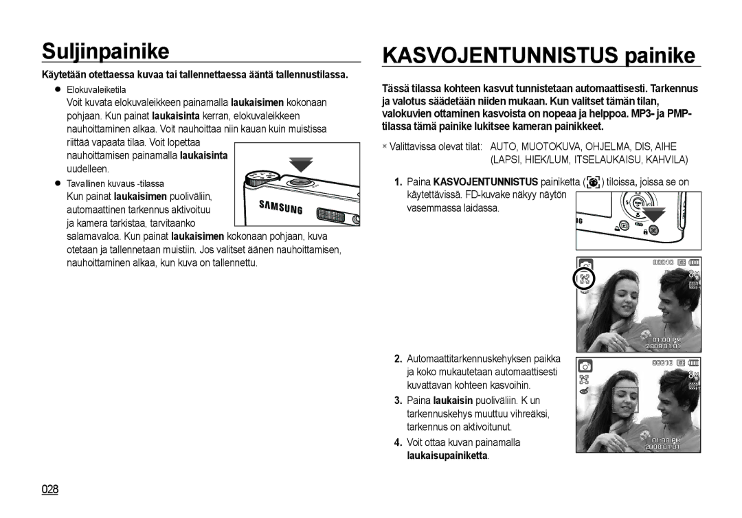 Samsung EC-NV4ZZBBA/E2, EC-NV4ZZSBA/E3, EC-NV4ZZPBA/E3 manual Suljinpainike, Kasvojentunnistus painike, Elokuvaleiketila 