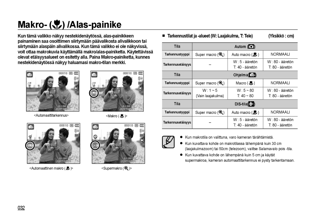 Samsung EC-NV4ZZBBA/E3, EC-NV4ZZSBA/E3, EC-NV4ZZPBA/E3, EC-NV4ZZTBB/E3, EC-NV4ZZBBA/E2 Makro- /Alas-painike, Yksikkö cm, Tila 