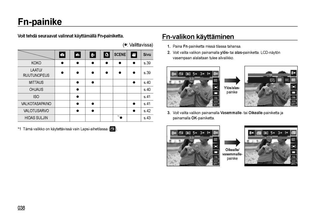 Samsung EC-NV4ZZBBA/E2 manual Fn-valikon käyttäminen, Voit tehdä seuraavat valinnat käyttämällä Fn-painiketta, Koko 