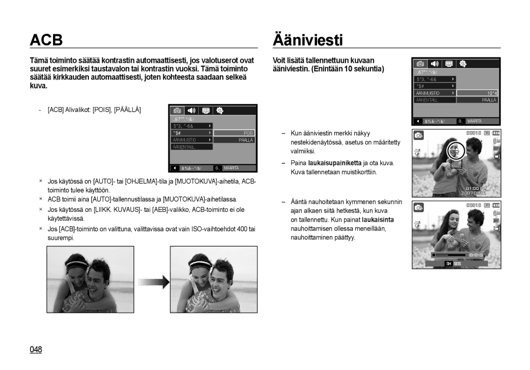 Samsung EC-NV4ZZBBA/E2, EC-NV4ZZSBA/E3, EC-NV4ZZPBA/E3, EC-NV4ZZTBB/E3 manual Ääniviesti, ACB Alivalikot POIS, Päällä 