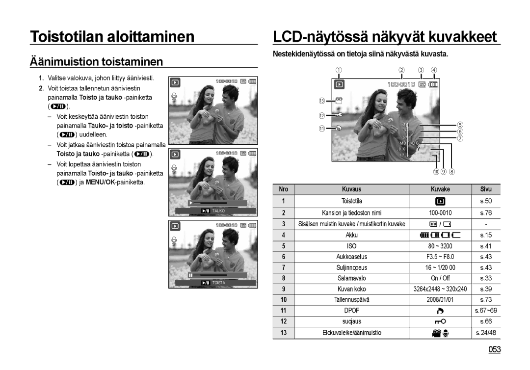 Samsung EC-NV4ZZBBA/E2, EC-NV4ZZSBA/E3 Äänimuistion toistaminen, Nestekidenäytössä on tietoja siinä näkyvästä kuvasta, Nro 