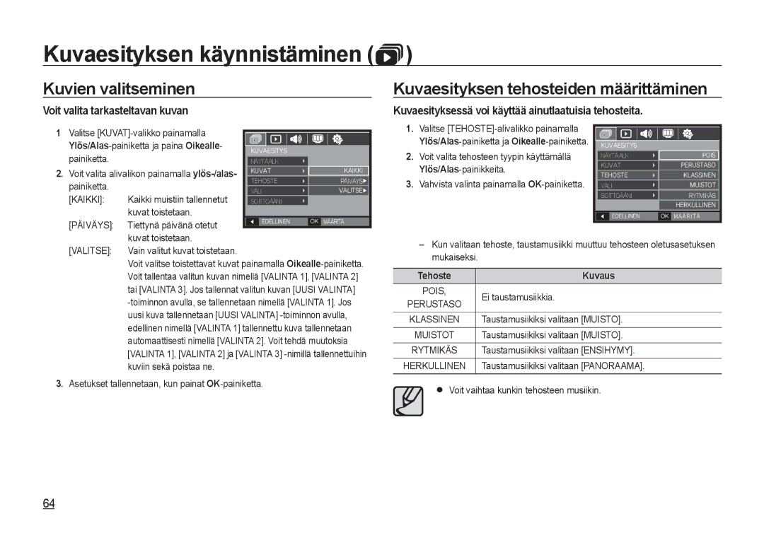 Samsung EC-NV4ZZSBA/E3 manual Kuvaesityksen käynnistäminen, Kuvien valitseminen, Kuvaesityksen tehosteiden määrittäminen 