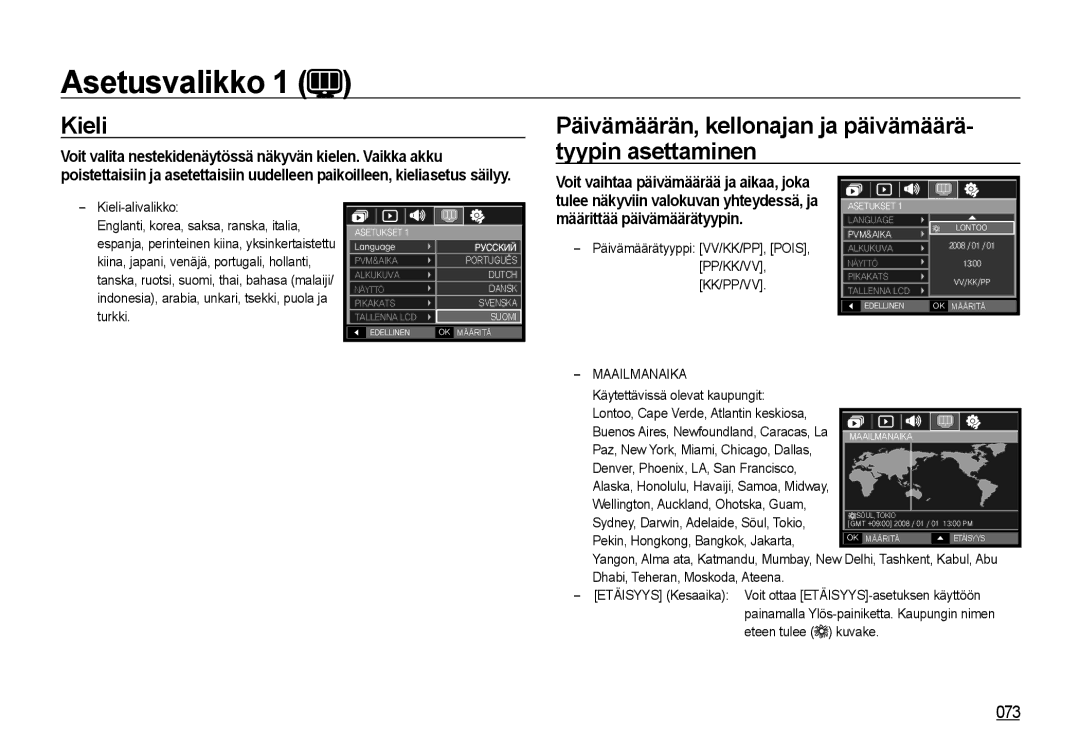 Samsung EC-NV4ZZBBA/E2 manual Asetusvalikko, Kieli, Päivämäärän, kellonajan ja päivämäärä- tyypin asettaminen, Maailmanaika 