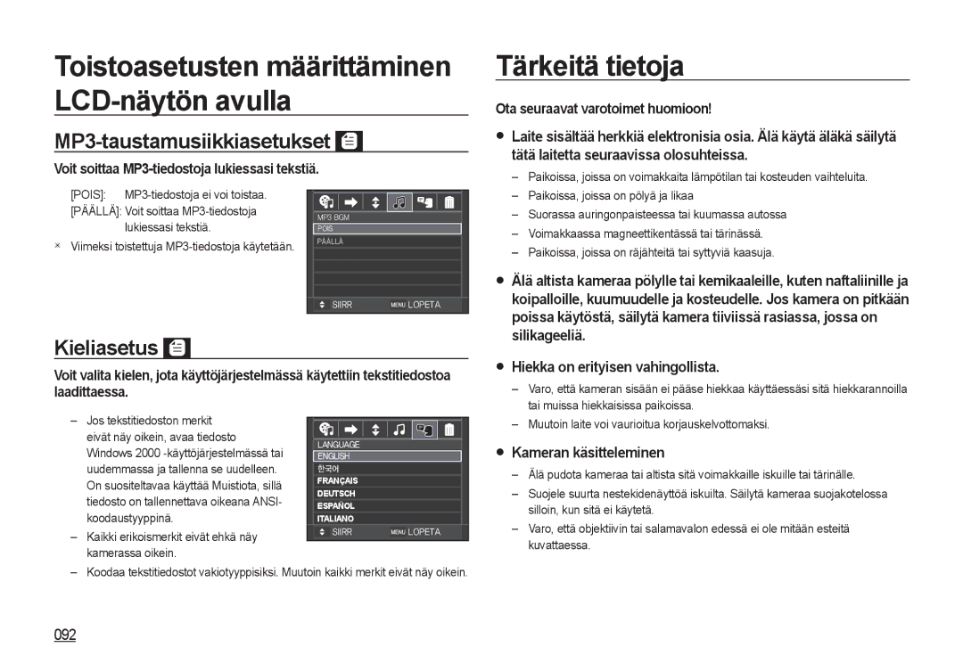 Samsung EC-NV4ZZBBA/E3 manual Tärkeitä tietoja, MP3-taustamusiikkiasetukset, Kieliasetus, Hiekka on erityisen vahingollista 