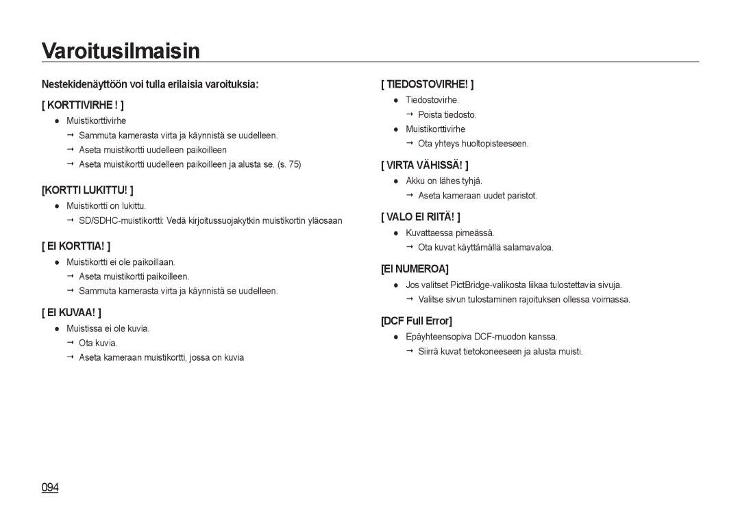 Samsung EC-NV4ZZSBA/E3, EC-NV4ZZPBA/E3 Varoitusilmaisin, Nestekidenäyttöön voi tulla erilaisia varoituksia, DCF Full Error 