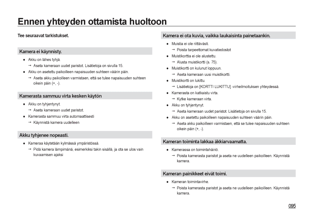 Samsung EC-NV4ZZPBA/E3, EC-NV4ZZSBA/E3, EC-NV4ZZTBB/E3, EC-NV4ZZBBA/E3, EC-NV4ZZBBA/E2 manual Ennen yhteyden ottamista huoltoon 