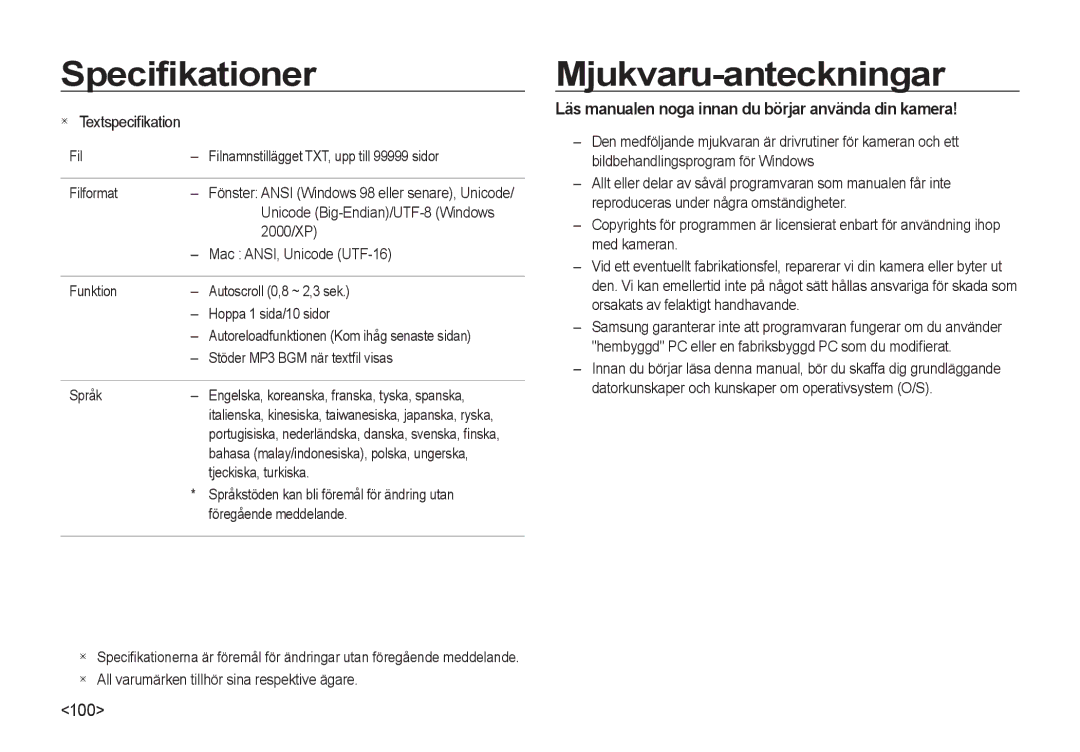 Samsung EC-NV4ZZPBA/E3, EC-NV4ZZSBA/E3 Mjukvaru-anteckningar, Läs manualen noga innan du börjar använda din kamera 